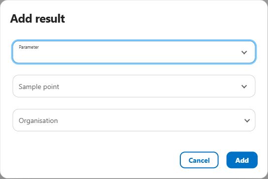 Aquantify desktop Add result selector with parameter, sample point and organisation fields
