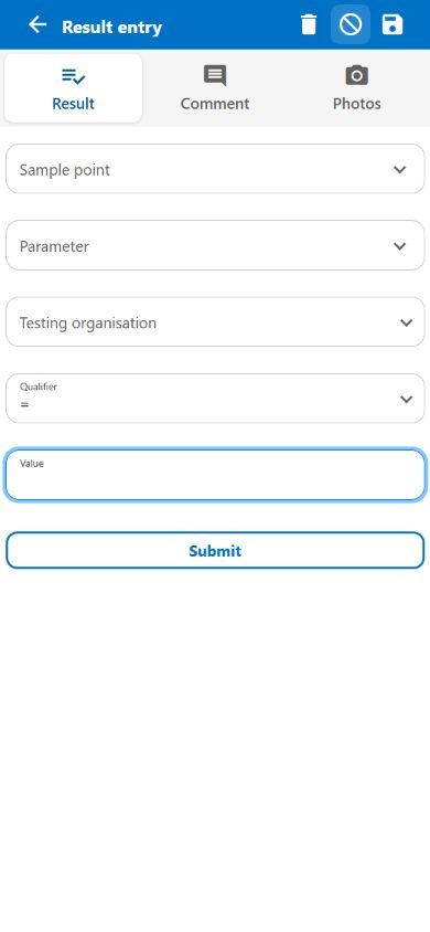 Aquantify mobile result entry showing empty sample point, parameter, organisation and value controls, with Result, Comment and Photos tabs