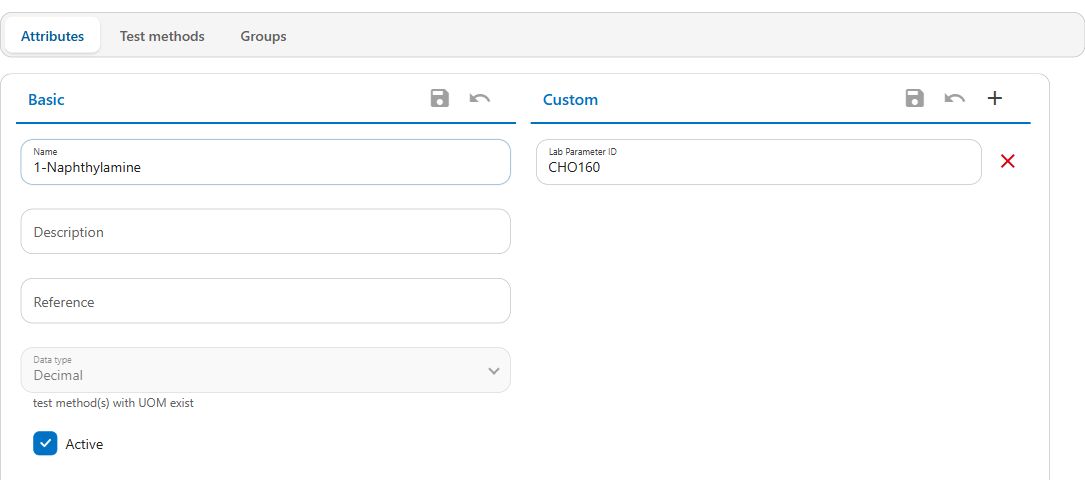 Aquantify parameter configuration showing attributes, test methods and group tabs