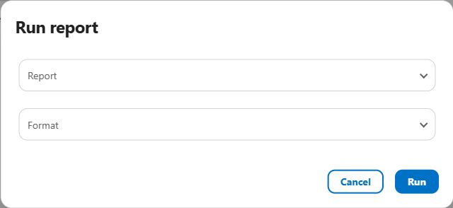 Aquantify AU2 Run report dialog with Report and Format selectors and a Run button